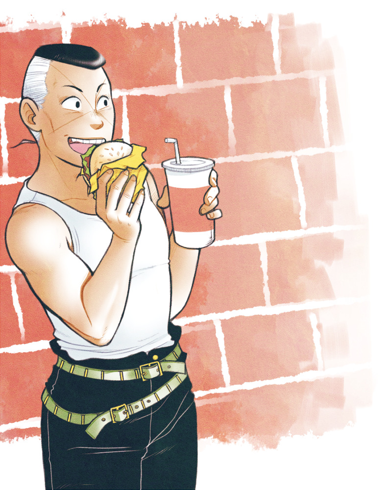 problemstudentpuddin:  who doesn’t happily eat burgers by a grate brick wall 