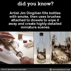raggedick:  did-you-kno:  Artist Jim Dingilian fills bottles with smoke, then uses brushes attached to dowels to wipe it away and create highly-detailed miniature scenes.  Source  this was one of those posts i didn’t want to end. so dope 