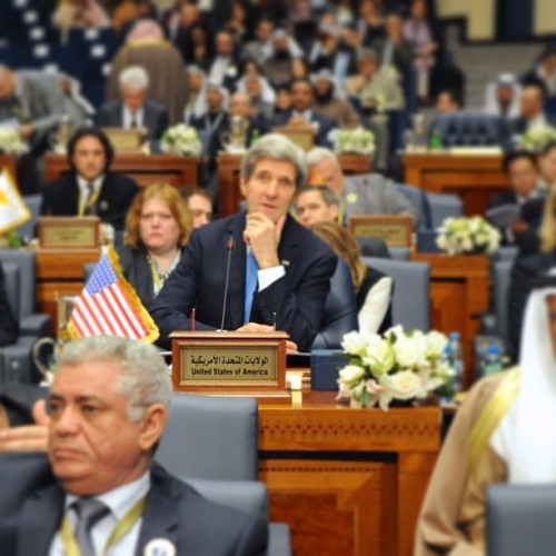 Secretary Kerry listens at the Syrian Donors’ Conference in Kuwait City earlier today. U.S. hu