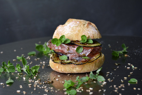 food52:Aubergine dream.Sautéed Aubergine and Salami Sandwich with Fennel Oil and fresh Oregano via E