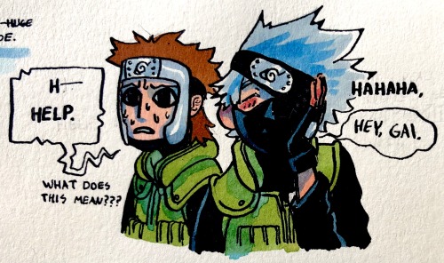 Yamato, clearly unnerved, says "H-help." and text near him elaborates "What does that mean???" Meanwhile, Laughing and leaning his cheek onto his hand, Kakashi greets Gai.