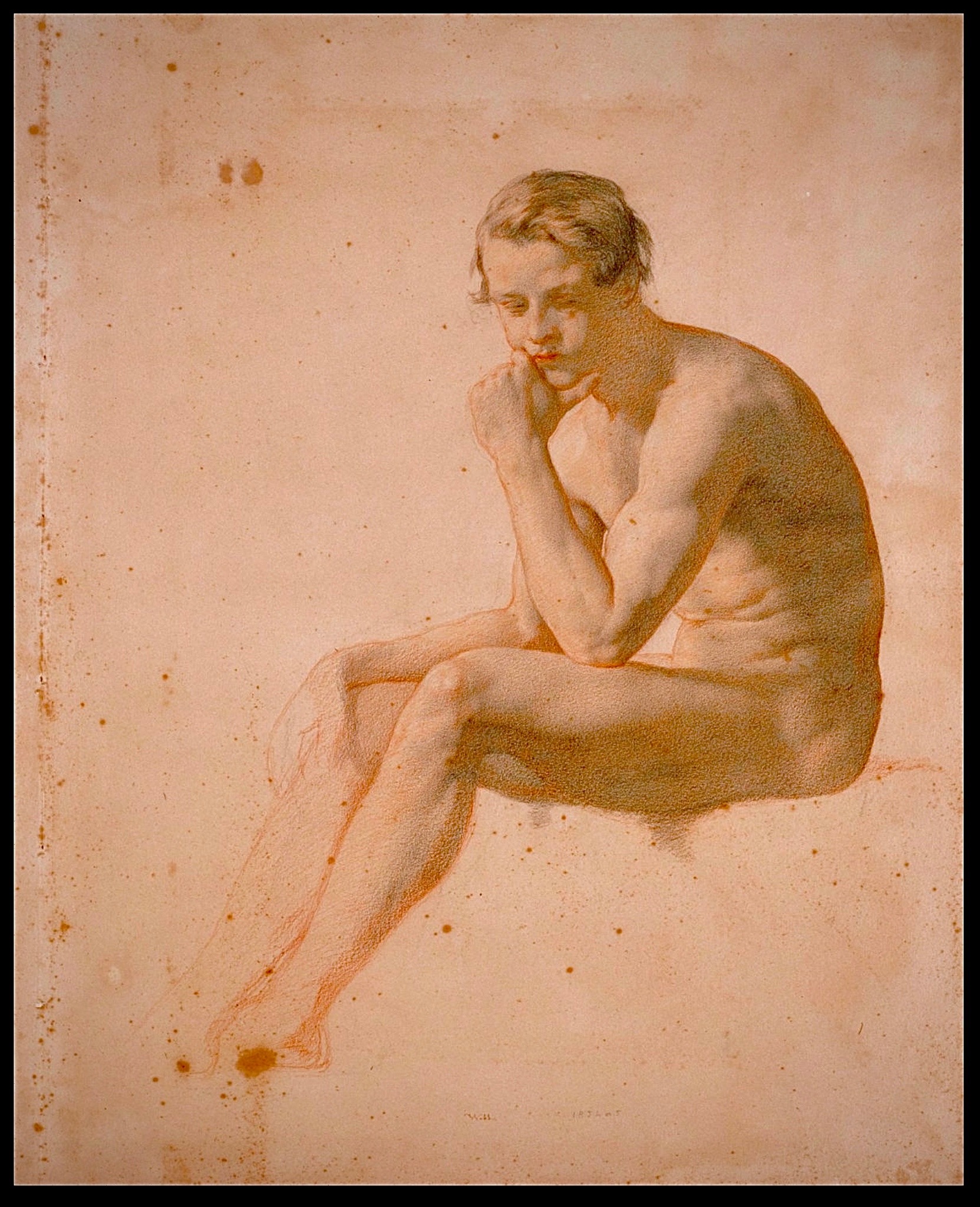 gay-curator:Seated Male Nude (c. 1855)William Mulready (Irish, 1786 - 1863)Red and black chalk on wove paper (530 mm x ca. 436 mm)