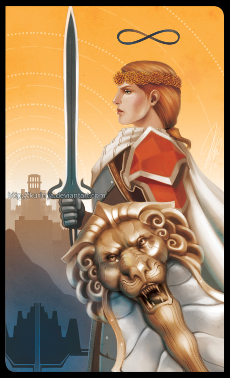 kurimja:Resuming my DA tarot project, this time featuring Aveline as STRENGTH. With a crown of marig