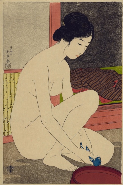 wonderlartcafe:Artist: Hashiguchi GoyoTitle: Woman at the Bath — 浴場の女-ゆあみ- 浴後裸女Date: 1915