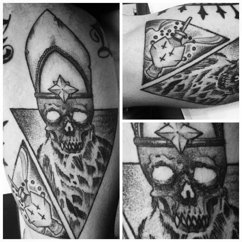 fearthehunted:  Healed shot of this #satanic #pope I did a while ago. Very much wrapped around the inner bicep #antichurch #burnyourlocalchurch . #dotwork #dotworktattoo #prophetsandpoets #lovettt #frozenhilltattoo #tattooworkers #tattoistartmagazine