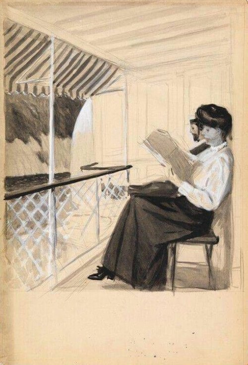 Study of a Man and a Woman Reading on a Porch -  Edward Hopper, c. 1900American  1887-1967