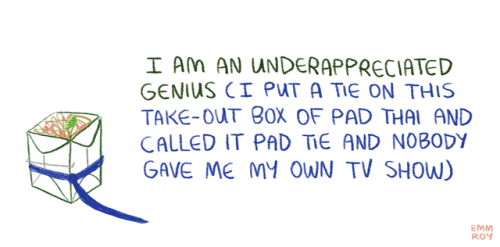 [Drawing of a take-out box of pad thai with a tie on it next to a caption that says “I am an underap