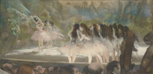 impressionsonmymind:Edgar Degas, Ballet at the Paris Opera, 1877, Pastel over monotype on cream laid
