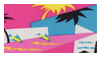 Aesthetic: 80s print showing abstract palm trees in CMYK colours.