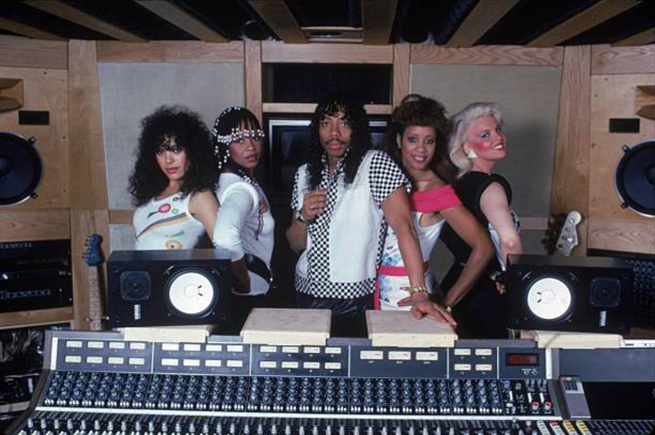 twixnmix:    Rick James in the studio with the Mary Jane Girls, June 1983. 