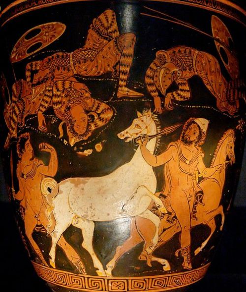 fyeah-history: Odysseus (wearing the pilos hat) and Diomedes stealing the horses of Thracian king Rh