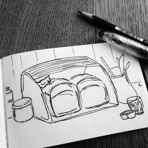 Hidden, today&rsquo;s theme for #inktober #kitten #breadbox #doodle #inktober2016 #japanesemilkbread