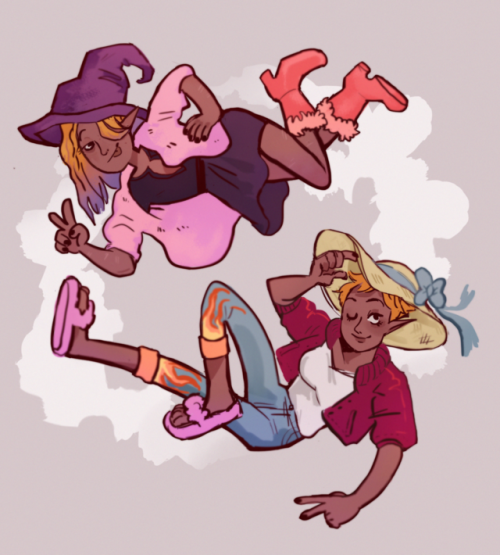 mothgeist: chaotically unfashionable twins! [image description: a drawing of Taako and Lup, floating