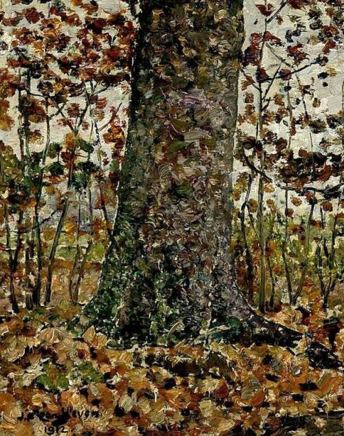 poboh:Treetrunk in a forest in autumn, 1912, Jan Adam Zandleven. Dutch (1868 - 1923)