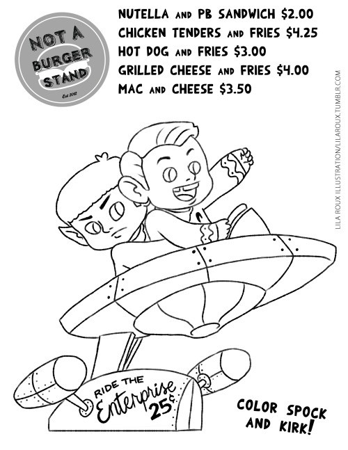 lilaroux:Third and final pop culture kids’ menu for the cafe:Baby Spock and Kirk