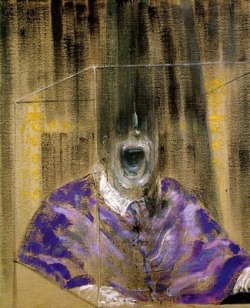 luciferlaughs:‘‘Head VI’‘ by Francis Bacon, c. 1949. The painting is supposed to give the impression of a man trapped and smothered by his own surroundings, screaming into an airless void. 