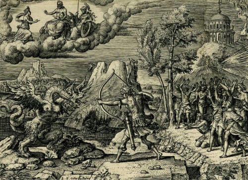 Apollo Slaying Python, from the series Histoire d'Apollon et de Diane by Étienne Delaune (1547-72)