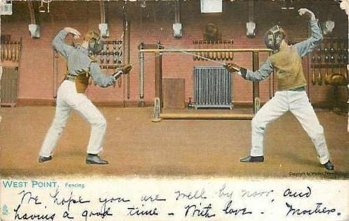 modernfencing: [ID: a postcard showing two men in old-style uniform crossing foils. Old, color-tinte