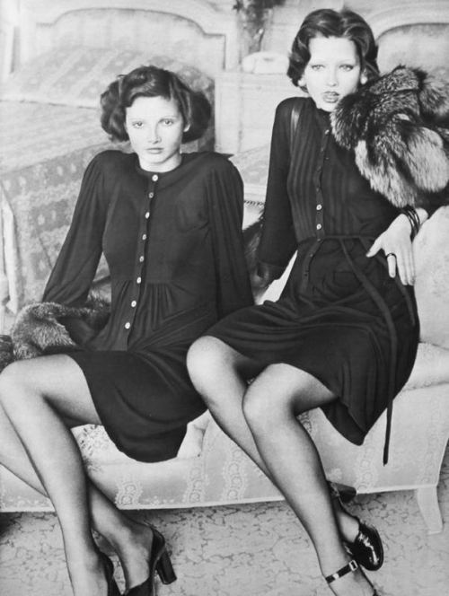 Chichinou Kaeppler and (Paula Klimak) photographed by Helmut Newton, black dresses by Jean Muir, Mar