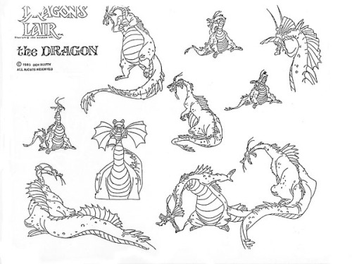 Ad and model sheets for the 1983 laserdisc game, Dragon’s Lair (I &amp; II).