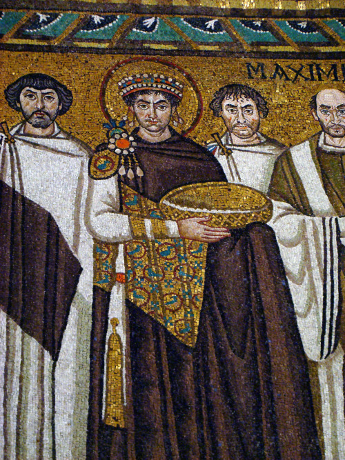 jeannepompadour:Mosaics at San Vitale in Ravenna showing Emperor Justinian, Empress Theodora, their 