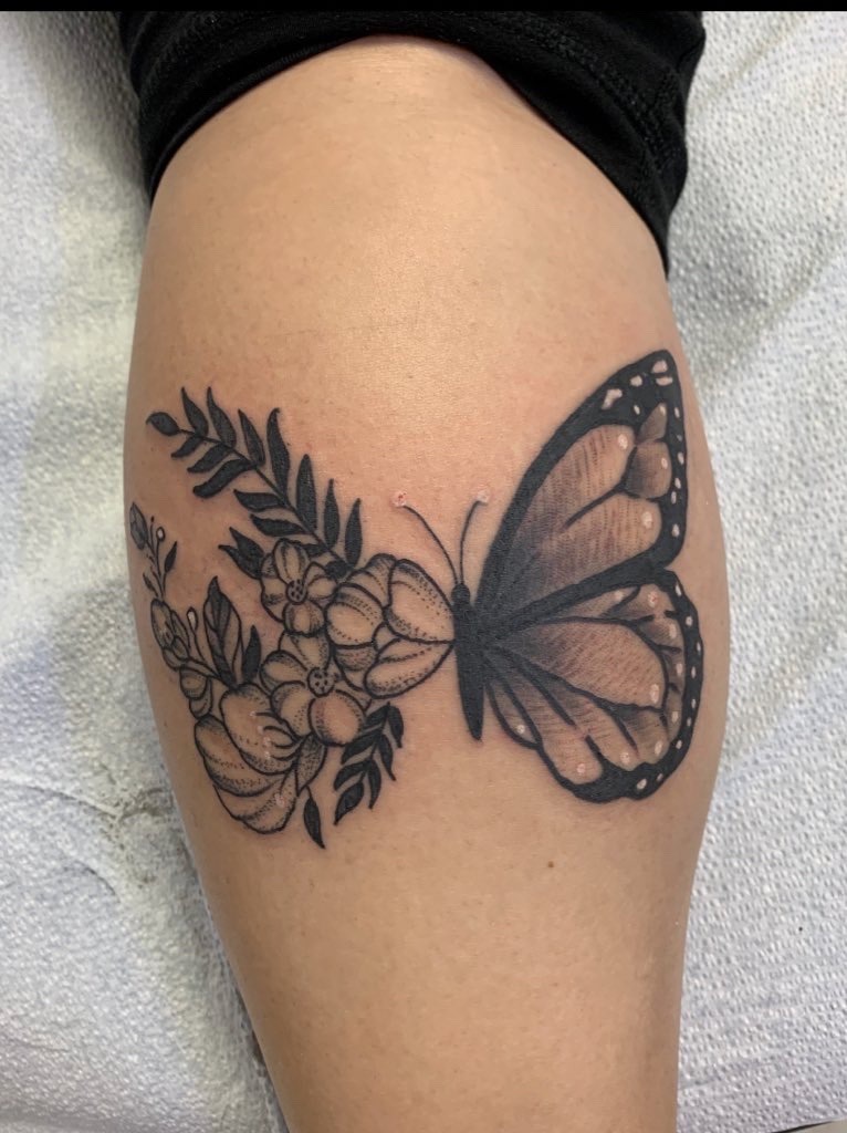 Single Needle Rose Winged Butterfly tattoo