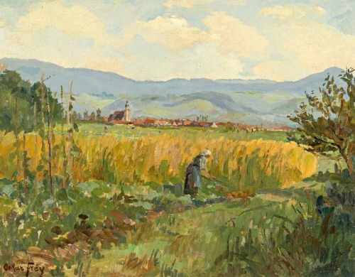 In the foreground reaper in the cornfield   -   Oskar FreyGerman, 1883 - 1966oil on board , 44 x 56.