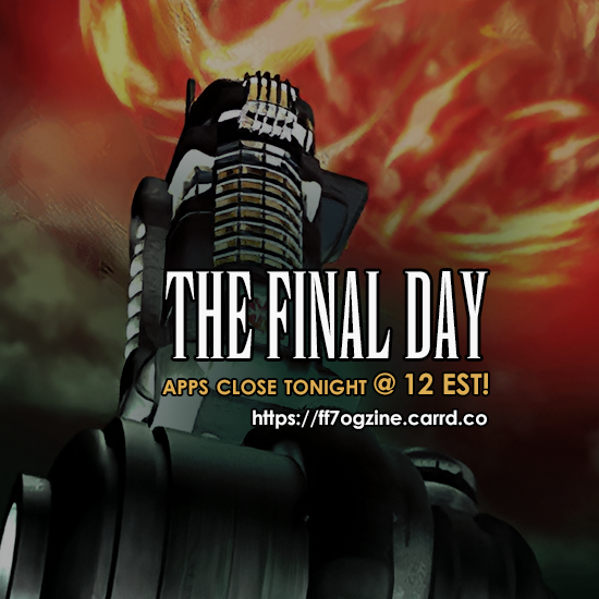ff7ogzine: “APPLICATIONS CLOSE TONIGHT!Hurry and get your apps in! Applications close at midnight EST on July 26th (that’s today!) • Artist application form: https://forms.gle/sWsZ2gyUBzSSjzmV6 • Fanfiction application form:...
