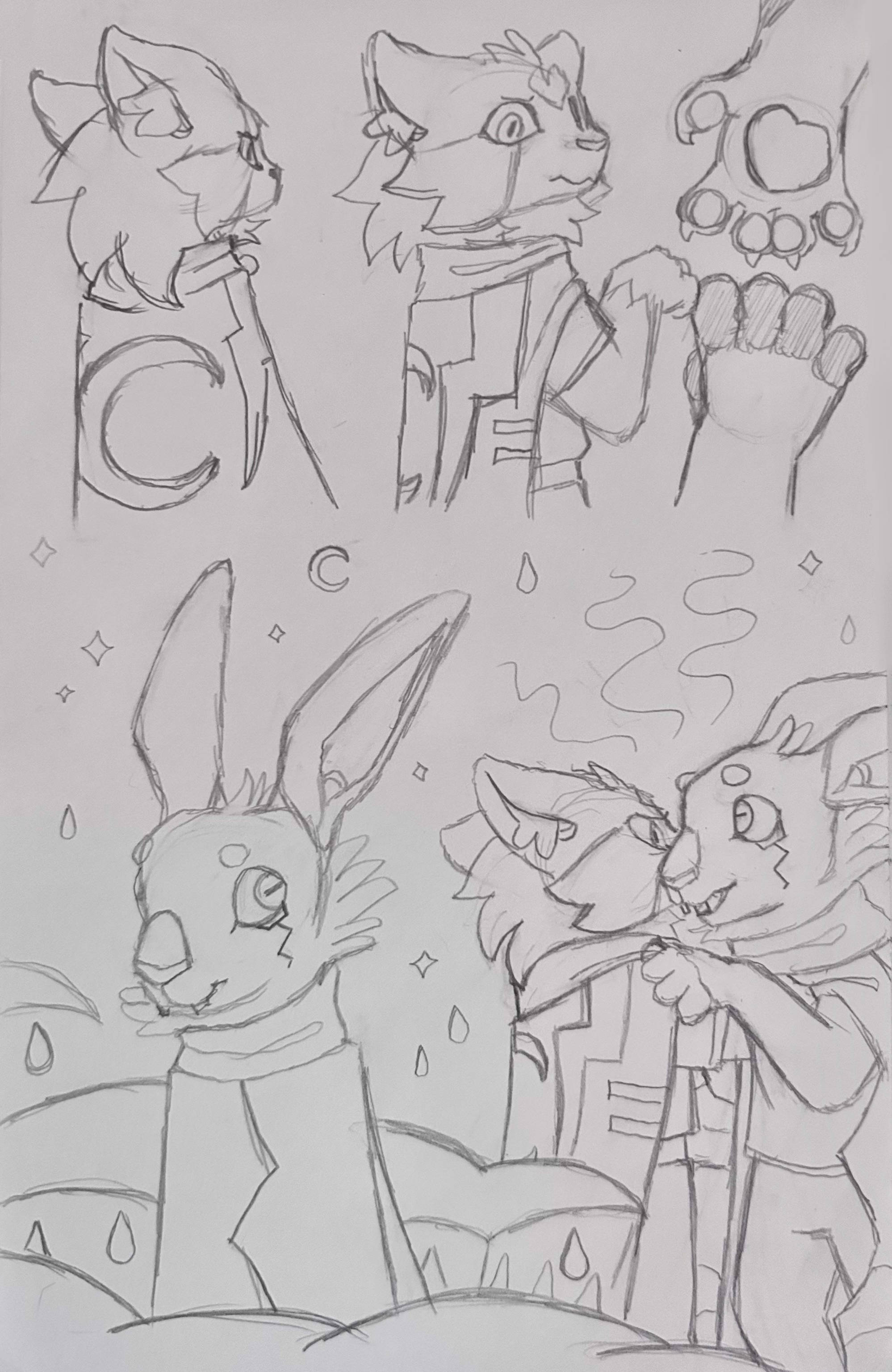 Several pencil sketches of Lunelis the harengon and Five the tabaxi. In the bottom right corner, the focal drawing of the sketchpage is of Lunelis. Xey are a young harengon with large ears, eyes like a goat's, a scarf, and a cloak similar to the one Five wears. Xey also have a marking in the shape of a lightning bolt below xer left eye. Decorative clouds, teardrops, stars, and a small crescent moon surround xem. At the top of the page, Five nervously turns back to look at Lunelis and offers xem their hand, which xey take. In the bottom right, Lunelis leans in to whisper something in Five's ear after taking their hand. While Lunelis smiles, Five's expression reads as somewhat distant and concerned.