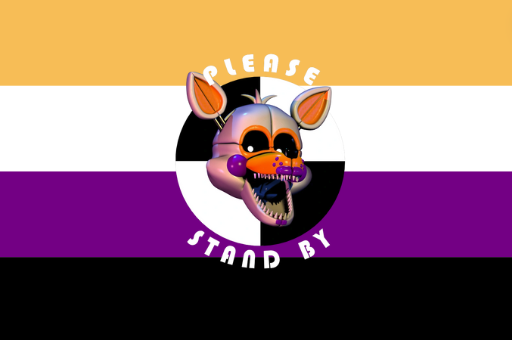 Lolbit from Five Nights at Freddy's: Sister Location edited in front of a color-picked nonbinary flag. The nonbinary flag has yellow, white, purple, and black stripes. Only Lolbit's head is seen. They are a white animatronic fox with orange accents and purple blush and lipstick. Their eyes are black with white pupils and they have tufts of fur sticking out of their head. They smile at the viewer. Behind them is a black-and-white checkerboard circle and white text reading "PLEASE STAND BY"