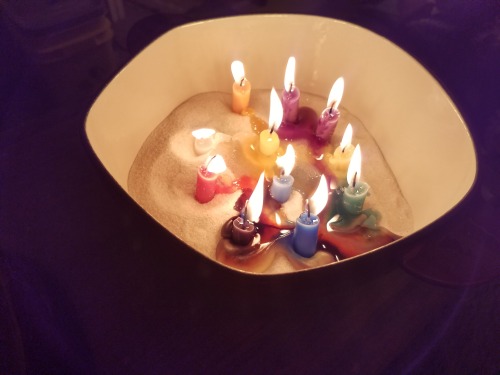 A tradition I carried on from my mother’s coven, the yule candle cauldron represents the rebirth of the sun. Each candle is a wish or goal for the coming year. @etienne-rune asked her coworkers if they wanted to put candles in and a few took and returned