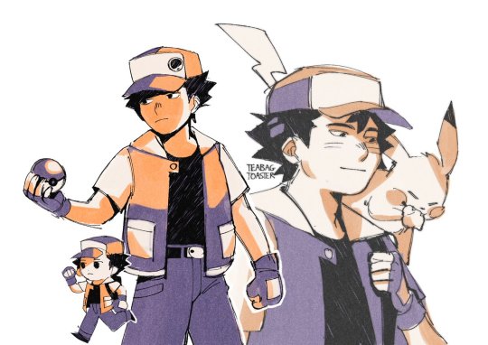 teabagtoaster:woah first art post here hey guys[alt text: a page of multiple drawings of red from pokemon, all shaded with orange, purple, and black, similar to the pallette of the original red and blue games. on the far right, red is smiling as pikachu