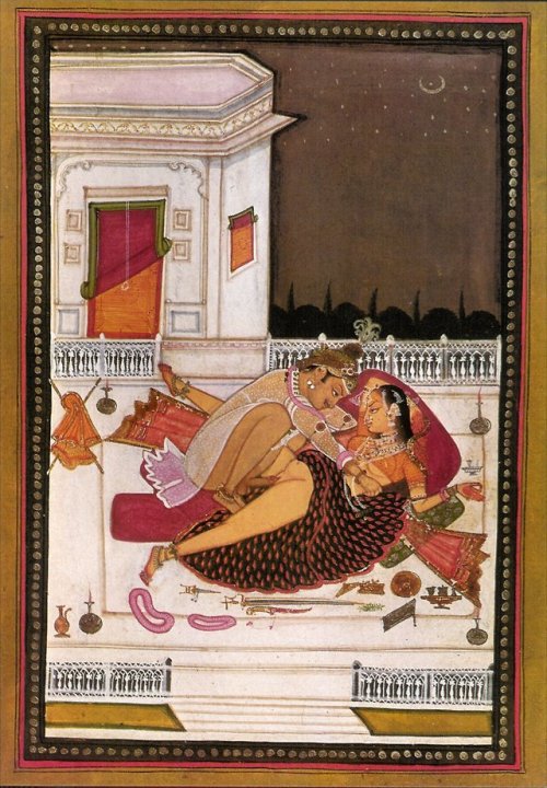 Prince and Lady Making Love on Terrace at Night - Rajput Miniature Painting c1790