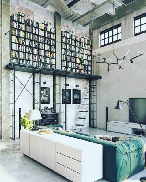 #loftylovin #lifestyle #uniquespaces #loft #loftliving #industrial #openspaceliving #windows #bookse