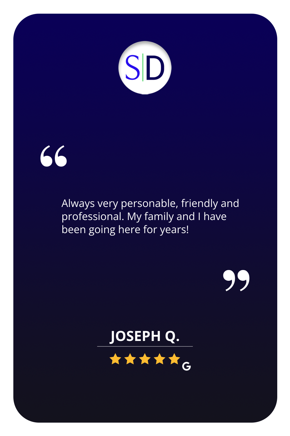 We appreciate our patients!
Here is our latest Five-Star Review from Joseph Q. We enjoy recognizing those patients who take the time to fill out a review and let us know how we are doing.
Here is what our latest 5-star reviewer had to say about their...