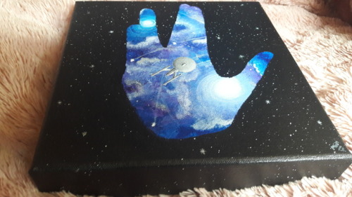 readysteadytrek:Painting is all done!! Lil Enterprise A in a Vulcan salute with a purple/blue nebula