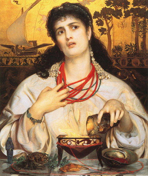 Medea, per Frederick Sandys. Oli en fusta amb pa d’or, 61′2 x 45′6 cm; entre 1866 i 1868.