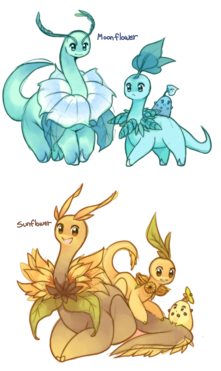 raidraws:Moonflower and Sunflower chikorita line!!