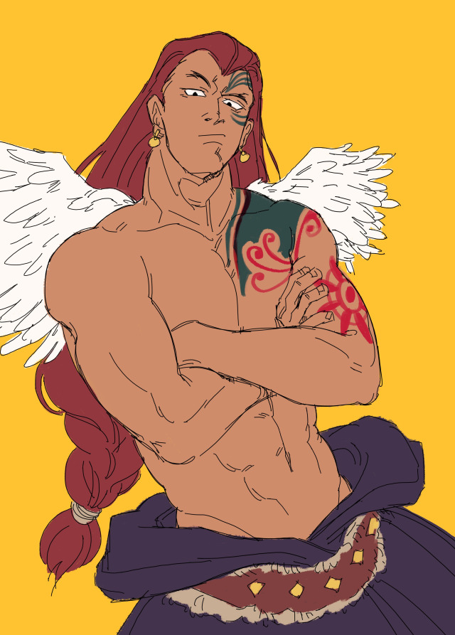 Fanart of Wyper from One Piece, a buff young man with long maroon hair starting at a striking widow's peak and tied back into a loose braid reaching his waist. He has a surly but curious expression, arms crossed over a bare chest, showing off curled, abstract tattoos on his left arm, shoulder, and cheek/eyebrow disappearing under his regrown hair. He has two small white wings, which appear to be real, though too small to carry his weight to fly. His left wing is much smaller and appears ruffled.