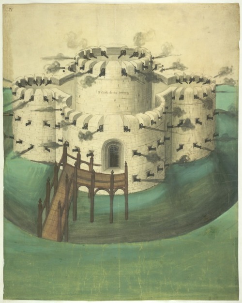 A Castle for the Downes, Colored bird&rsquo;s Eye View, 1539. Pigments on vellum. Unknown Artist. Mo