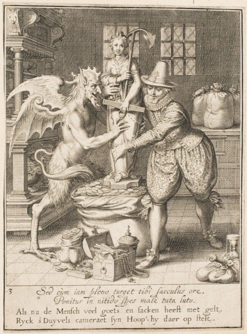 “Hombre y el Diablo llenando saco con dinero”. Por Willem Van Swanenburgh, circa 1609.