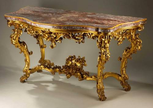 Nicola Carletti. Console table. Mid-eighteenth century.Carved and gilded wood; fleur-de-pêche and Gi