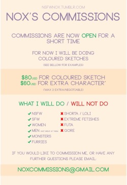 nsfwnox:  Commissions are open! there are 3 spots up for grabs. If you are interested please email me at noxcommissions@gmail.com1. (taken)2. (taken)3. (taken)