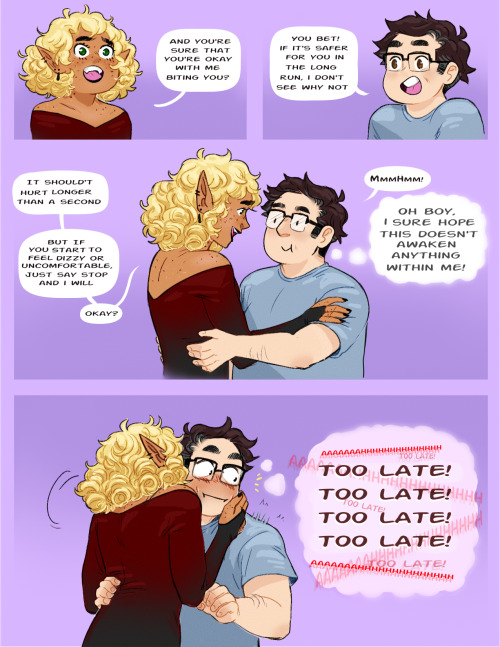 herbgerblin:[ID: Digital comic of Lup as a vampire woman and Barry as a human man. Lup has a slight build, curly, blonde, hair, tan, freckled skin, and green eyes. She is wearing a form fitting, long sleeved gown with a v-neck. Barry has a chubby build