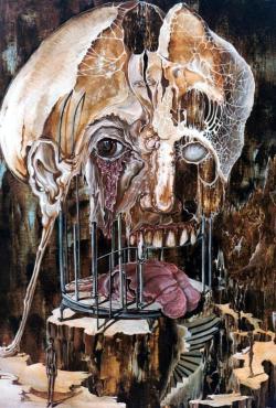 sixpenceee:  This 1973 painting by Austrian author Otto Rapp depicts a frightening depiction of a decomposing human skull on a devilish birdcage in which the raw gore of mans physical being lies lifeless at the base. Source: List25