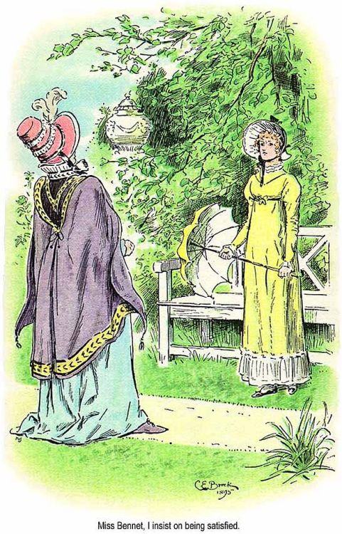 Illustration of Lady Catherine de Bourgh and Elizabeth Bennet by C. E. Brock (1895) - from the class