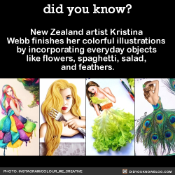 did-you-kno:  New Zealand artist Kristina Webb finishes her colorful illustrations by incorporating everyday objects like flowers, spaghetti, salad, and feathers. She’s also published a book that gives you creative challenges you can complete and tag