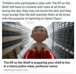 nerdishwritergirl:  kiwianaroha:  fuckingrapeculture:  drst:  mhalachai:  rainnecassidy:  [Screencap of an article from washingtonpost.com, titled: The Elf on the Shelf is preparing your child to live in a future police state, professor warns. (Article