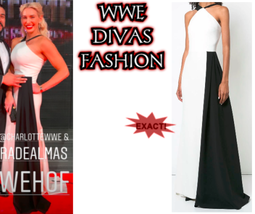 Charlotte Flair was seen wearing the Christian Siriano Colour Block Halterneck Dress at the 2019 WWE