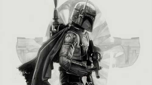 Black and white drawing of Boba Fett in his full original armor, super-imposed against the faded silhouette of his starship Slave I.